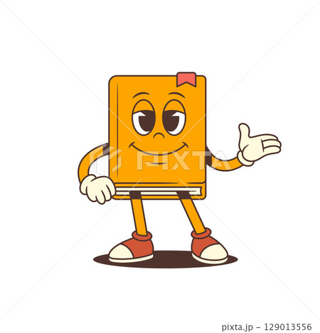 Smiling Orange Cartoon Book Mascot Making Friendly Hand Gesture With Relaxed Expression Vector Illustration Smiling Orange Cartoon Book Mascot Making Friendly Hand Gesture With Relaxed Expression Vector Illustration 129013556