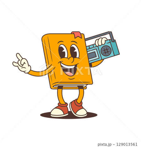 Orange Happy Cartoon Book Mascot Holding Vintage Cassette Player On Shoulder Showing Rock Gesture Orange Happy Cartoon Book Mascot Holding Vintage Cassette Player On Shoulder Showing Rock Gesture 129013561