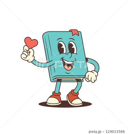 Blue Cartoon Book Mascot With Red Sneakers Holding Small Heart And Smiling Vector Illustration Blue Cartoon Book Mascot With Red Sneakers Holding Small Heart And Smiling Vector Illustration 129013566