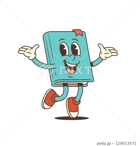 Blue Cartoon Book Mascot Jumping With Open Arms In Cheerful Welcoming Pose Vector Illustration 129013571