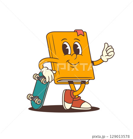 Orange Happy Cartoon Book Mascot Leaning On Green Skateboard Showing Thumbs Up Vector Illustration Orange Happy Cartoon Book Mascot Leaning On Green Skateboard Showing Thumbs Up Vector Illustration 129013578