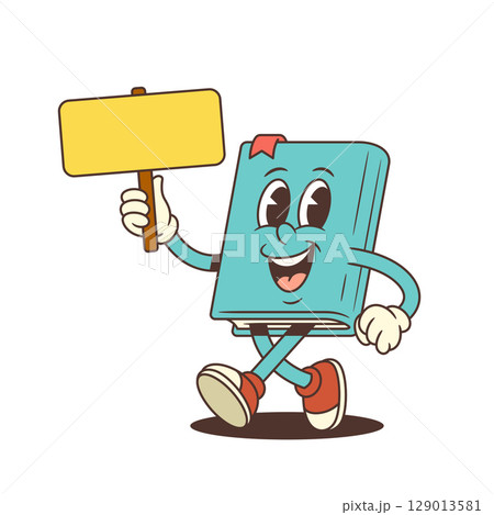 Blue Happy Cartoon Book Mascot Walking Cheerfully Holding Blank Yellow Sign For Promotion Vector Illustration 129013581