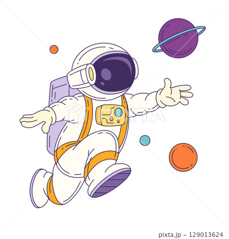Cartoon Astronaut Mascot Floating In Space With Planets And Stars For Science Graphic Design Cartoon Astronaut Mascot Floating In Space With Planets And Stars For Science Graphic Design 129013624