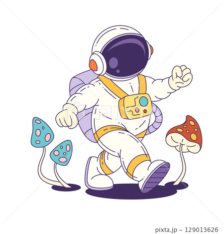 Cartoon Astronaut Mascot Surrounded By Alien Mushrooms Exploring Mysterious Planet 129013626