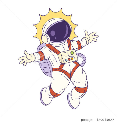 Cartoon Astronaut Mascot With Outstretched Arms Flying In Space With Sunlight Behind Helmet 129013627