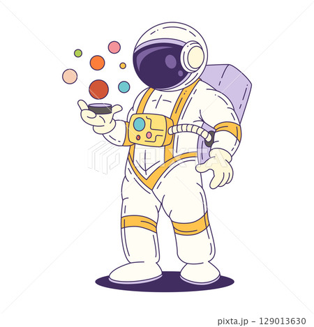 Cartoon Mascot Astronaut In White Suit Holding Planet Model For Space Education And Science Projects 129013630