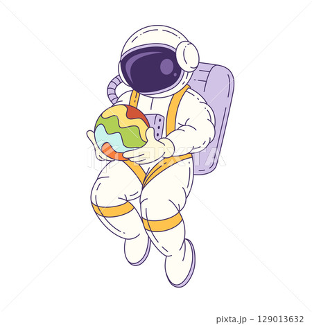 Cartoon Mascot Astronaut Holding Colorful Planet In Space For Educational Vector Illustration 129013632