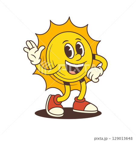Happy Cartoon Sun Mascot Waving Hand with Cheerful Summer Expression Vector Illustration 129013648