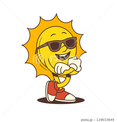 Cool Cartoon Sun Mascot Wearing Sunglasses with Confident Smile and Folded Arms Vector Illustration 129013649