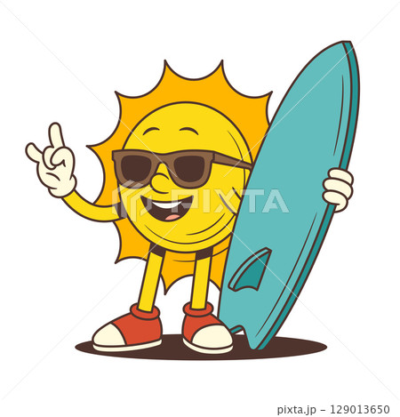 Cool Cartoon Sun Character with Surfboard and Rock Gesture in Retro Style Vector Illustration 129013650
