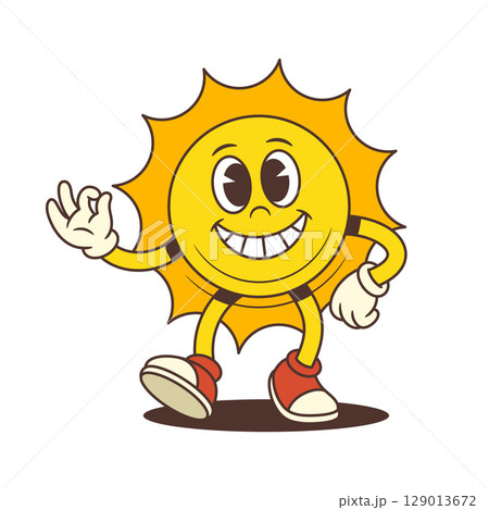 Happy Cartoon Sun Mascot Walking Forward with OK Gesture in Retro Style Vector Illustration 129013672