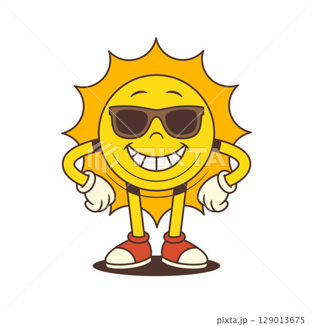 Confident Sun Mascot in Sunglasses Standing with Hands on Hips in Retro Style Vector Illustration Confident Sun Mascot in Sunglasses Standing with Hands on Hips in Retro Style Vector Illustration 129013675