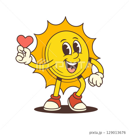 Smiling Cartoon Sun Mascot Holding Red Heart Symbol with Cheerful Expression Vector Illustration 129013676