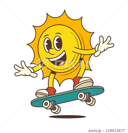 Cheerful Cartoon Sun Mascot Riding Skateboard Wearing Sneakers and Gloves Vector Illustration 129013677