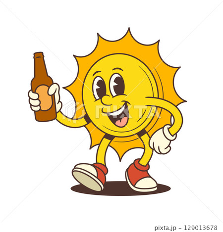 Happy Cartoon Sun Mascot Walking Holding Beer Bottle Wearing Sneakers and Gloves Vector Illustration 129013678