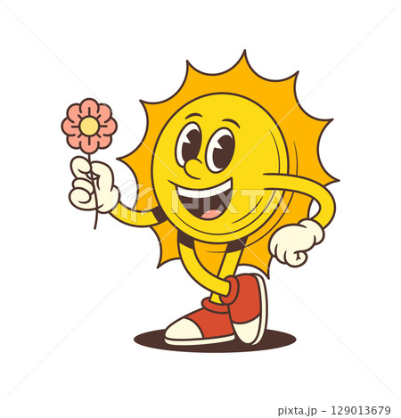 Happy Cartoon Sun Mascot Standing Smiling Holding Flower Wearing Sneakers and Gloves Vector Illustration 129013679