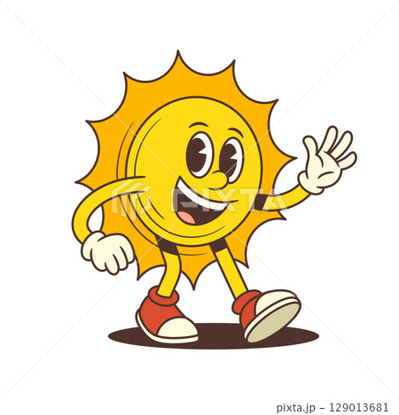 Happy Cartoon Sun Mascot Walking Smiling and Waving Hand Wearing Sneakers and Gloves Vector Illustration 129013681