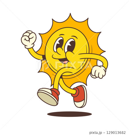 Happy Cartoon Sun Mascot Running Quickly Wearing Sneakers and Gloves Classic Style Vector Illustration 129013682