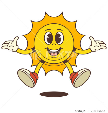 Happy Cartoon Sun Mascot Jumping Up With Arms Spread Wearing Sneakers And Gloves Vector Illustration 129013683