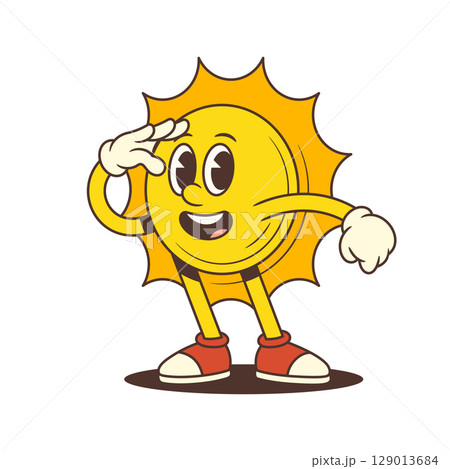 Cheerful Vintage Cartoon Sun Mascot Searching Ahead With Hand As Visor Vector Illustration 129013684