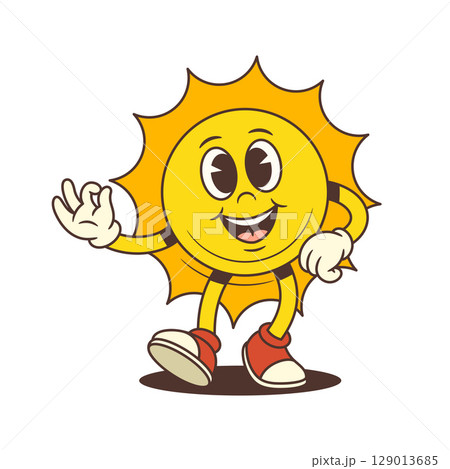 Smiling Vintage Cartoon Sun Mascot Walking Forward Showing Ok Hand Gesture Vector Illustration 129013685