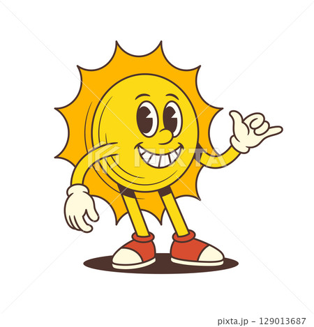 Happy Vintage Cartoon Sun Mascot Wearing Sneakers And Gloves Showing Hang Loose Gesture Vector Illustration 129013687