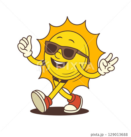Confident Sun Mascot Wearing Sunglasses Showing Victory Hand Gesture Walking Proudly Vector Illustration 129013688