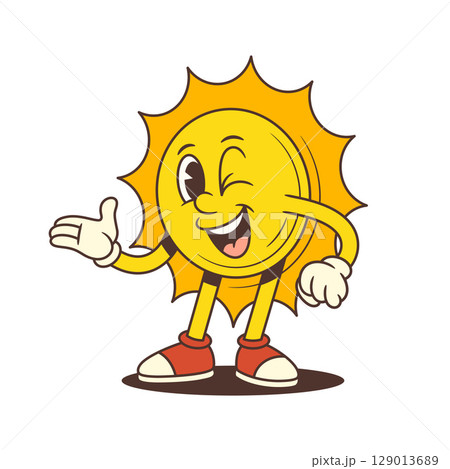 Cheerful Cartoon Sun Mascot Winking And Inviting With Hand Gesture Vector Illustration 129013689