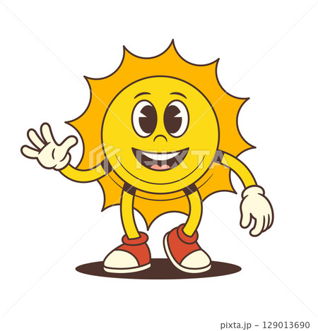 Happy Cartoon Sun Mascot Walking Forward Waving Hand Greeting With Sneakers And Gloves Vector Illustration 129013690
