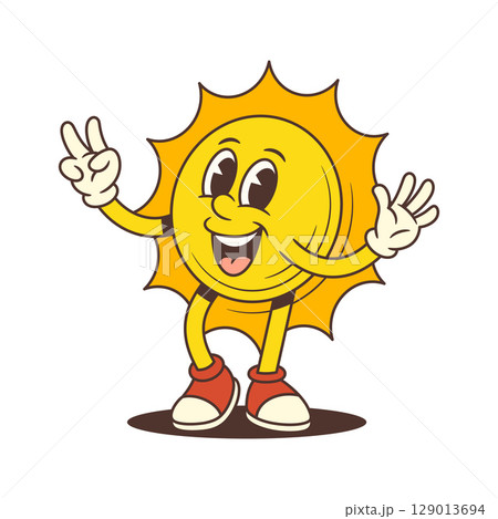 Happy Vintage Cartoon Sun Mascot Smiling Widely And Showing Victory Hand Gesture 129013694