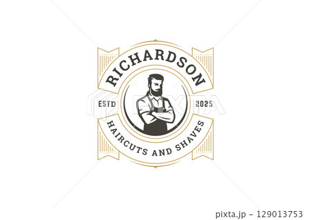 Elegant vintage barber shop logo with retro design and grooming services emblem Elegant vintage barber shop logo with retro design and grooming services emblem 129013753