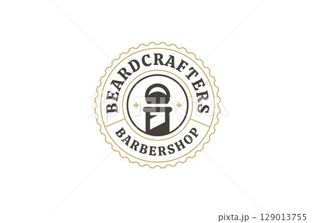 Beard Crafters Barber Shop Retro Vintage Logo Design with Barber Pole and Stars Beard Crafters Barber Shop Retro Vintage Logo Design with Barber Pole and Stars 129013755