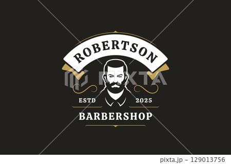 Elegant vintage barbershop logo with retro gentleman silhouette and gold accents 129013756