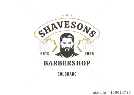 Retro Barbershop Logo with Male Portrait and Vintage Razors 129013759