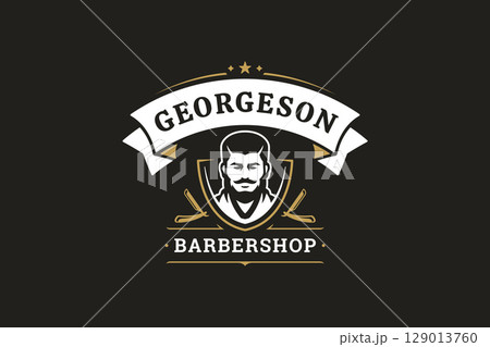 Elegant vintage barbershop logo featuring male portrait, razor, and stylish emblem design 129013760