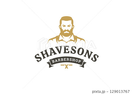 Vintage Gentlemans Barbershop Logo with Beard and Mustache Portrait in Retro Style 129013767