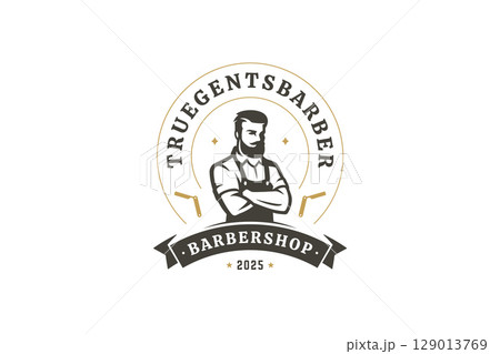 Elegant Gentleman Barber Logo Design with Retro Style and Vintage Elements for Barbershop Branding Elegant Gentleman Barber Logo Design with Retro Style and Vintage Elements for Barbershop Branding 129013769