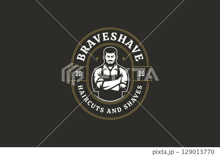 Elegant vintage barber logo featuring confident male portrait with apron, and gold accents Elegant vintage barber logo featuring confident male portrait with apron, and gold accents 129013770