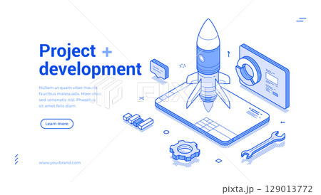 Elements of project development with modern isometric design showcasing rocket launch 129013772