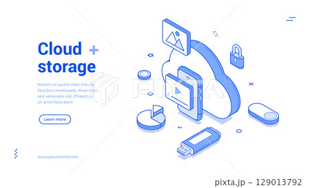 Explore cloud storage solutions with modern isometric line banner design for tech innovations Explore cloud storage solutions with modern isometric line banner design for tech innovations 129013792