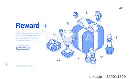 Celebrate achievements with a modern isometric reward banner featuring gifts and trophies 129013800