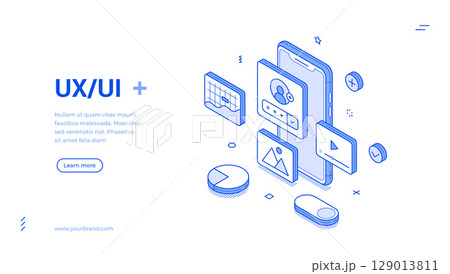 Creative illustration features isometric line art elements related to UX UI design 129013811