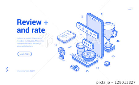 Review rate customer feedback experience rating smartphone app web banner isometric vector 129013827