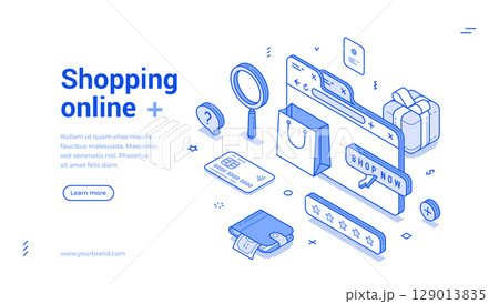 Online shopping marketplace webpage goods purchase web banner isometric vector illustration 129013835