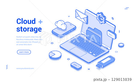 Computer cloud storage data center technology laptop smartphone web banner isometric vector 129013839