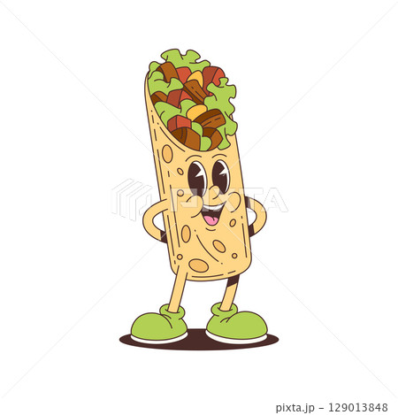 Funny Burrito Character Mascot with Vegetables and Meat in Cute Cartoon Style for Food Projects 129013848