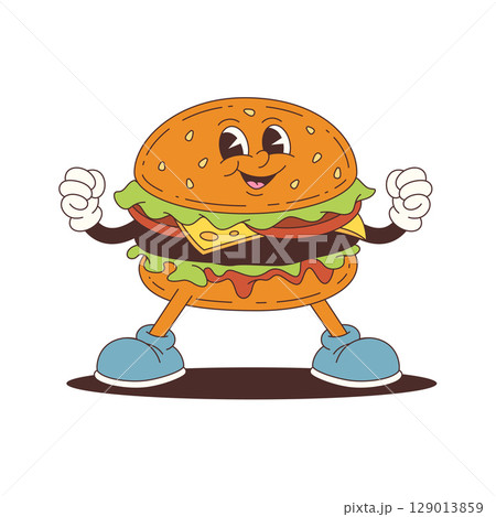 Cheerful Burger Mascot Character with Raised Fists Wearing Sneakers and Colorful Toppings 129013859