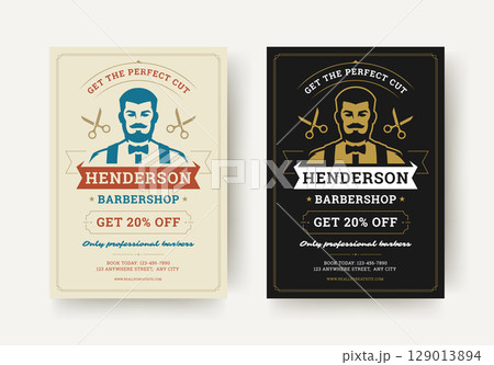 Barbershop Flyer Design Featuring Classic Barber Portrait with Discount Banner and Vintage Style 129013894