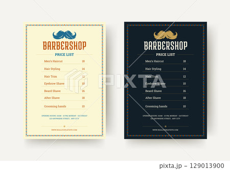 Barbershop Price List Flyer with Vintage Mustache Icon and Bold Classic Typography Layout Design Barbershop Price List Flyer with Vintage Mustache Icon and Bold Classic Typography Layout Design 129013900