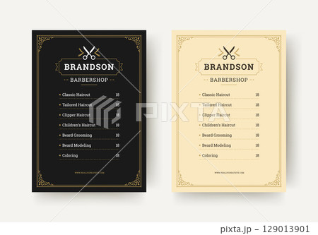 Barbershop Flyer with Uniform Price List Layout and Elegant Vintage Border and Scissors Icon 129013901